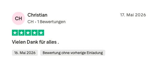 Trustpilot Bewertung einer Kundin, 5 Sterne