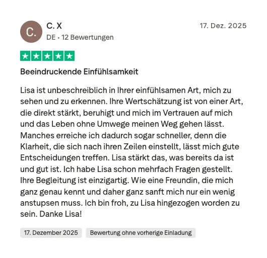 Trustpilot Bewertung einer Kundin, 5 Sterne